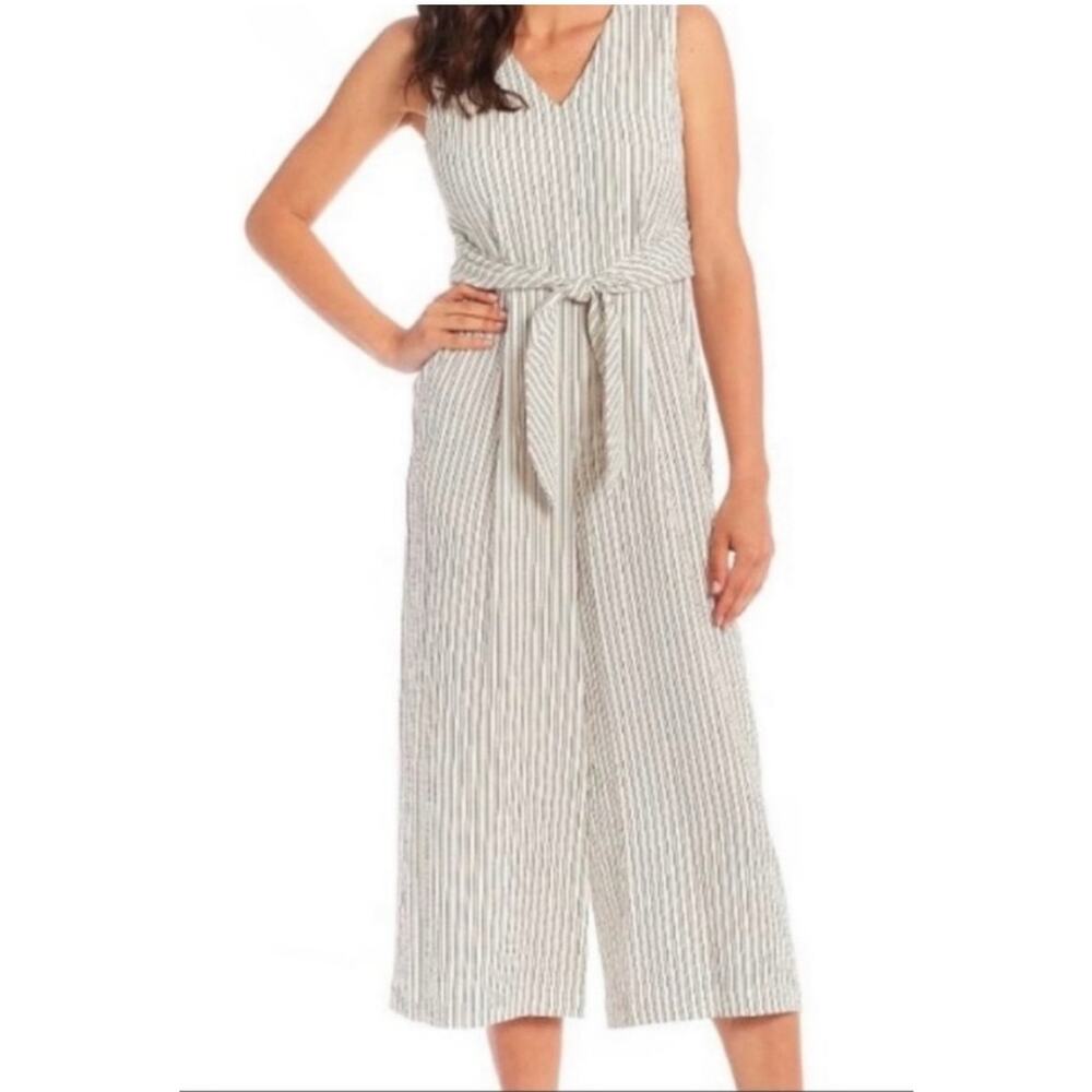CALVIN KLEIN White Navy STRIPES V-NECK Cropped Wide Leg JUMPSUIT, SIZE 2